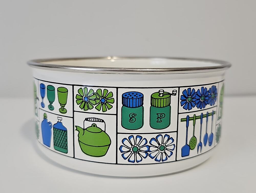 vintage MCM Enamelware Pot Retro 70s Fower Power Cookware Green Blue